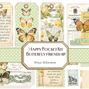 Butterfly Friendship Happy Pocket Kit, Collage, Journal Tags, Spring, Junk Journal, Tag, Cards, Ephemera, Floral, Spring, Butterfly, Yellow