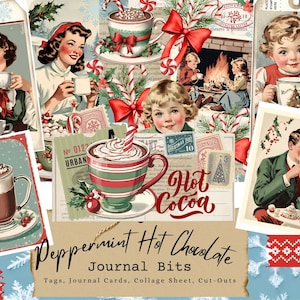 Pedaços de diário de chocolate quente com hortelã-pimenta, inverno, cacau quente, cacau de Natal, Mocha, etiquetas, cartões de diário, etiquetas para presentes, retrô, lixo eletrônico