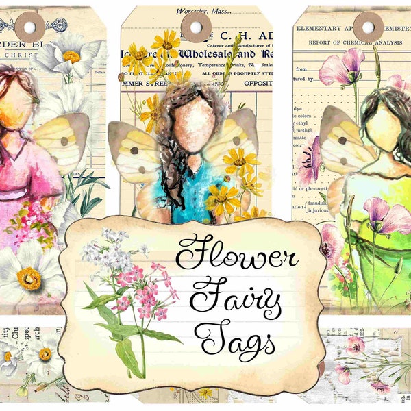 Flower Fairy Tags, Floral, Wildflower Tag, Art Doll, Digital Tags, Spring Journal, Vintage Fairy, Collage Art