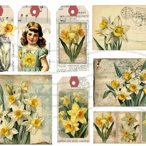 Darling Daffodil Journal Tags and Bits Kit, Umbrella, Junk Journal, Spring, Garden, Daffodils, Journal Card, Tag, Labels, Easter Ephemera image 4