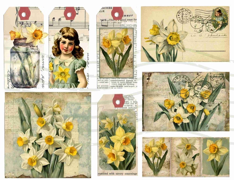 Darling Daffodil Journal Tags and Bits Kit, Umbrella, Junk Journal, Spring, Garden, Daffodils, Journal Card, Tag, Labels, Easter Ephemera image 4