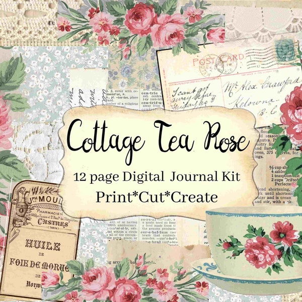 Cottage Tea Rose Digital Journal Kit, Printable journal, Shabby Chic Journal, Rose Journal, Vintage Rose Ephemera, Cottage journal Tags