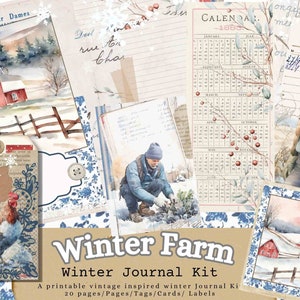 Kit de journal de ferme d’hiver, hiver, vintage, Shabby Chic, Cottage Core Winter, Tags, cartes de journal, journal d’hiver imprimable, numérique, bricolage