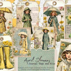 Pode incluir: Uma folha de colagem digital com imagens de crianças usando capas de chuva e segurando guarda-chuvas. A folha inclui texto que diz "Rainy Days" e "April Showers Journal Tags and Bits".