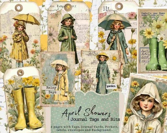 April Showers Journal Tags and Bits Kit, Umbrella , Junk Journal ,Rainboots, Garden, rainy day, Journal Card, Tag, Labels, Easter Ephemera