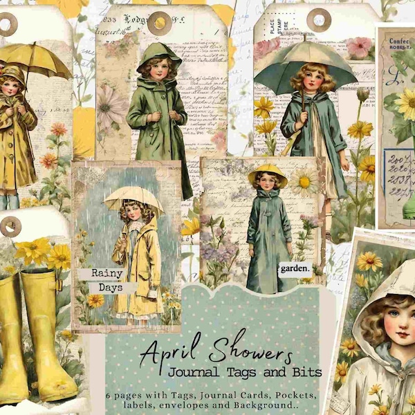 April Showers Journal Tags and Bits Kit, Umbrella , Junk Journal ,Rainboots, Garden, rainy day, Journal Card, Tag, Labels, Easter Ephemera