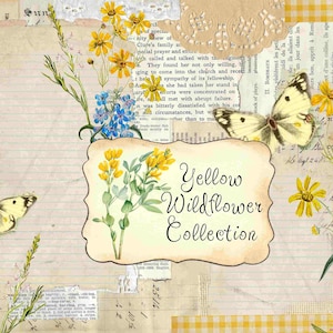 Gele Wildflowers collectie, Journal kit, Journal Tags, gele bloemen, Wildflower Journal, Junk Journal, VIntage Floral