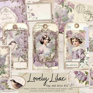 Precioso kit de etiquetas y bits de diario lila, dama vintage, diario basura, primavera, jardín, púrpura, tarjeta de diario, etiqueta, etiquetas, lavanda, perfume
