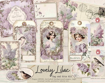 Lovely Lilac Journal Tags and Bits Kit, Vintage Lady, Junk Journal, Spring, Garden, Purple, Journal Card, Tag, Labels, Lavendar, Perfume