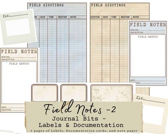 Field Note - 2 Documentation Cards, Specimen Cards, Nature Journal, Nature Notes, Junk Journal, DIY crafts,  Journal Cards, Journal labels