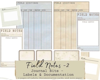 Field Note - 2 Documentation Cards, Specimen Cards, Nature Journal, Nature Notes, Junk Journal, DIY crafts,  Journal Cards, Journal labels