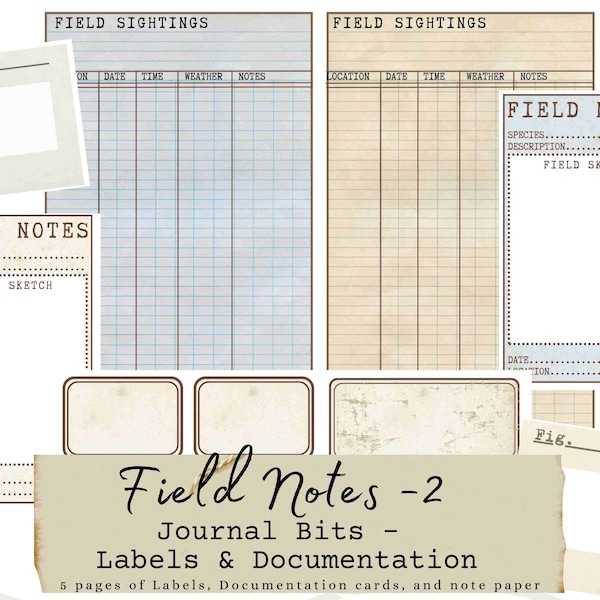 Field Note - 2 Documentation Cards, Specimen Cards, Nature Journal, Nature Notes, Junk Journal, DIY crafts,  Journal Cards, Journal labels