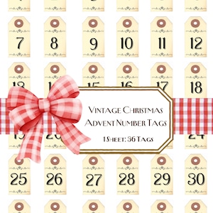 Vintage kerstadventskalender nummer kleine tags, cadeaukaartjes, ongewenste dagboektags, dagboekkaarten, oude kerst, patchwork, dagelijks december