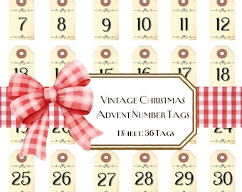 May include: Vintage Christmas advent calendar number tags with a red and white gingham bow. The tags are cream colored with black numbers and a brown circle in the center. The tags are arranged in a grid of six rows and six columns. The text "Vintage Christmas Advent Number Tags" and "1 Sheet: 36 Tags" is printed in black on a white background.