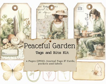 Kit de etiquetas y elementos para un jardín tranquilo, jardín imprimible, diario, diario basura, material efímero para el jardín, etiqueta de flores, tarjeta de diario, Spring Cottage Core