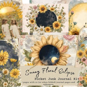 Sunny Floral Eclipse Pocket Journal, afdrukbaar, digitaal, 2024 Eclipse, Eclipse aandenken, aandenken, diy, vintage, shabby chic, junk journal
