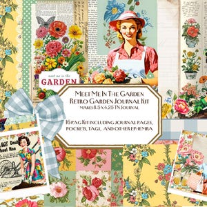 Diario retro "Encuéntrame en el jardín", diario TN, fiesta en el jardín, flores retro, mujeres de los años 50, jardín sarcástico, efímeras, bolsillos, etiquetas, verano