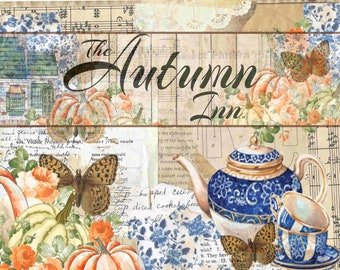 May include: A vintage-style illustration featuring the text "The Autumn Inn" with pumpkins, butterflies, and a blue and white teapot and teacup set.