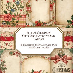 Könnte beinhalten: Ein Set aus floralen Weihnachtskarten-Umschlägen und -Anhängern. Das Set enthält Umschläge, Journalkarten und Geschenkanhänger. Das Design zeigt Rosen, Grün und ein rot-weiß kariertes Muster. Der Text "Merry Christmas" ist auf einem der Anhänger zu sehen.