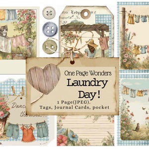 Maravillas de una página: Día de la colada, Diario, Bricolaje, Etiquetas, Tarjetas de diario, Verano, tendedero, floral, Diario basura, Gatos en canasta, ropa tendida