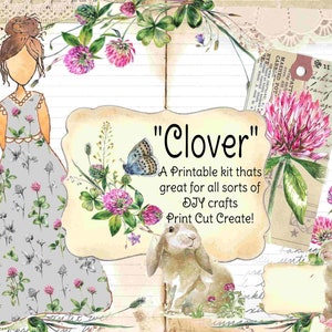 Clover, Floral, Wildflower, Art Doll, St. Patrick's Day, Spring Journal, Floral Printable, Collage Art, Bloom Art, Junk Journal Ephemera