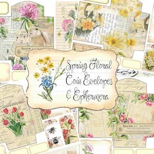 Envelopes florais para moedas e itens efêmeros, envelopes florais para impressão, quadros florais de primavera, diário de sucata, diário de primavera