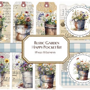 Kit de bolsillo Happy Garden Rustic Garden, collage, etiqueta de diario, diario basura, etiqueta, tarjeta, efímera, jardín caprichoso, estilo shabby chic, kit de tarjetas, flor