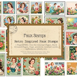 Retro tuinpostzegels, Faux postzegels, Vintage, Vrouwen, Tuin, Jaren 1950, Vintage, Dagboek, Junk Journal, Tags, Kaarten, Ephemera, Lente, Bloemen