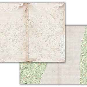 May include: Two pages of a vintage journal with a floral pattern and a grid pattern. The pages are cream coloured with a light green floral pattern on the right page and a light green grid pattern on the left page. The pages are torn at the edges and have a distressed look.