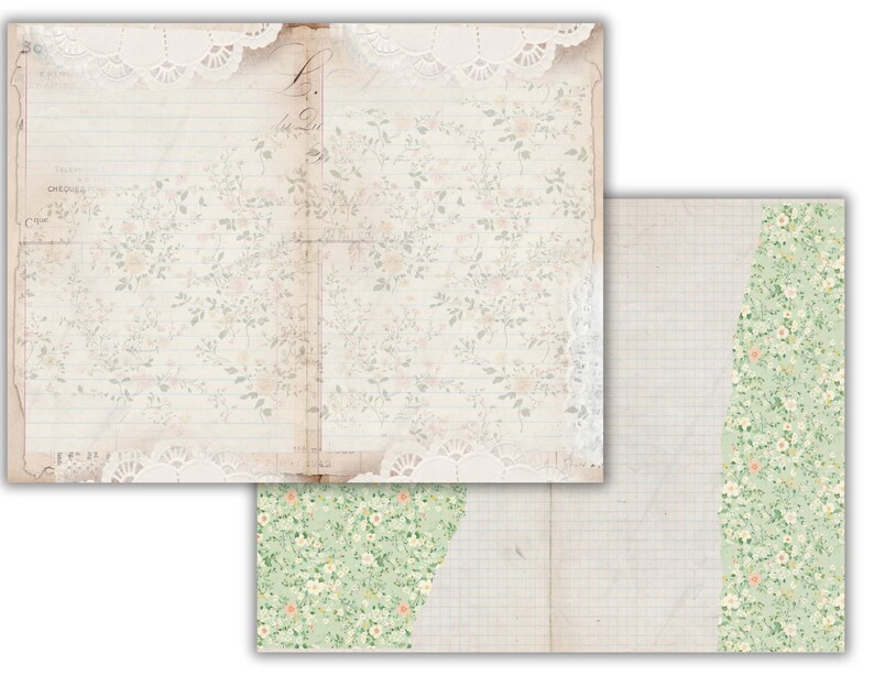 May include: Two pages of a vintage journal with a floral pattern and a grid pattern. The pages are cream coloured with a light green floral pattern on the right page and a light green grid pattern on the left page. The pages are torn at the edges and have a distressed look.