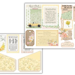 May include: A digital paper pack featuring a yellow car, flowers, and a calendar. The pack includes quotes about friendship and a guest check.