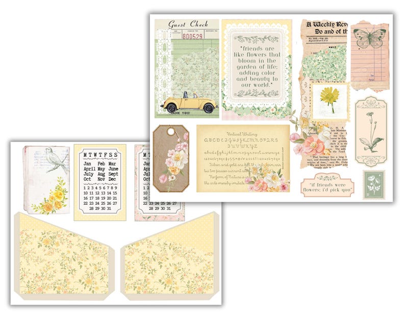 May include: A digital paper pack featuring a yellow car, flowers, and a calendar. The pack includes quotes about friendship and a guest check.