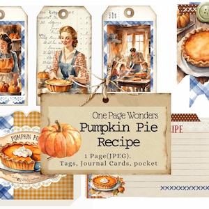 Könnte beinhalten: Ein digitaler druckbarer Pack mit Scrapbook-Papier und Etiketten zum Thema Kürbiskuchen. Das Pack enthält eine Rezeptkarte, Journalkarten und Etiketten mit einem blau-weiß karierten Muster. Die Bilder sind im Vintage-Stil mit Aquarell-Illustrationen.