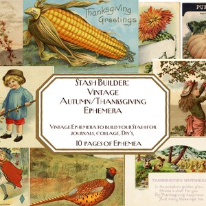 Könnte beinhalten: Eine Sammlung von Vintage-Ephemera zum Thema Herbst und Erntedankfest. Die Bilder zeigen Illustrationen von Kürbissen, Mais, Kindern und Herbstlaub. Der Text auf den Bildern lautet "Thanksgiving Greetings", "Pumpkin" und "Thanksgiving Happiness". Für Journale, Collagen und DIY-Projekte.