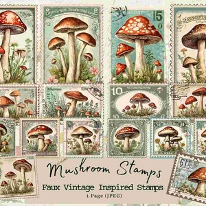 Paddestoelpostzegels, Faux-postzegels, Vintage, Dagboek, Ongewenste Journal, Tags, Kaarten, Efemere, DIY, Afdrukbare stempel, Lente, Bloemen, Moederdag