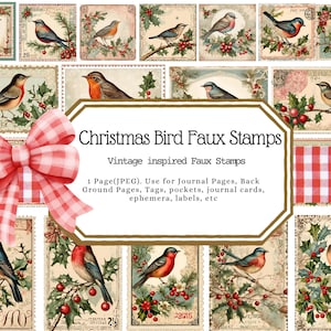 faux timbres d'oiseau de Noël vintage, shabby chic, étiquettes cadeaux, étiquettes de journal indésirable, cartes de visite, Noël d'hiver, étiquettes vintage, oiseaux éphémères