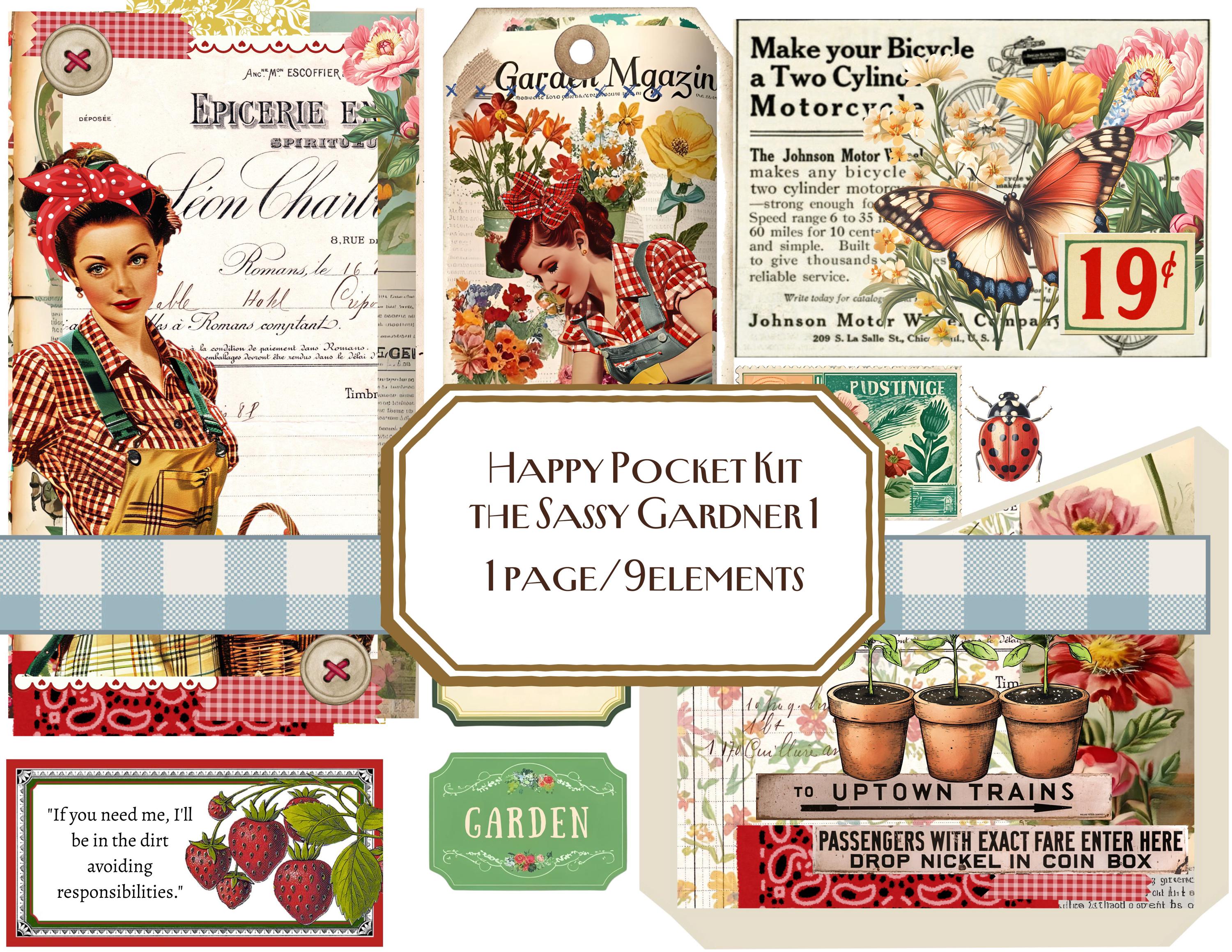The Sassy Gardener-1  Happy Pocket Kit, Collage, Journal Tags, Junk Journal, Tag, Cards, Ephemera, Retro Garden, 1950's Garden, DIY, Snarky