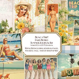 Viaje a la playa: Diario retro de verano, Diario de Tennessee, Fiesta en la playa, Flores retro, Mujeres de los 50, Sarcástico, Vacaciones, Efímeras, Bolsillos, Etiquetas, Atrevido, JULIO