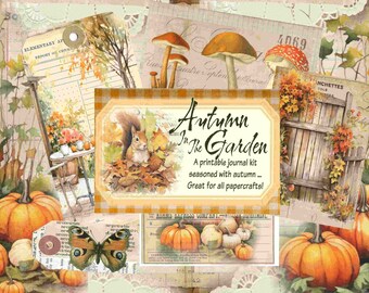 May include: A printable journal kit with a fall theme. The kit features a squirrel, pumpkins, mushrooms, and a garden gate. The text "Autumn in the Garden" is on a yellow tag with a gingham pattern.