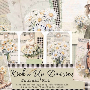 Kick'n Up Daisies Junk Journal Kit, Cheval, Marguerites, Floral, Journal, DIY, Derby, Tags, Cartes journal, vintage, Printemps, Cottage