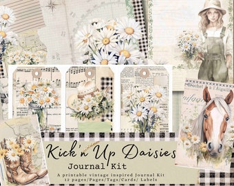 Kick'n Up Daisies Junk Journal Kit, Horse, Daisies, Floral, Journal, DIY, Derby, Tags, Journal cards, Vintage, Spring, Cottage