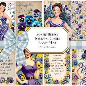 Cartões de diário retrô sarcásticos Pansy May, colagem, etiquetas de diário, diário de lixo, etiqueta, cartões, itens efêmeros, jardim, jardim dos anos 1950, sarcástico, mulheres retrô