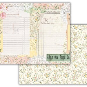 May include: A vintage-style scrapbook paper with a floral pattern and a handwritten note that says "Admit One". The paper is in shades of pink, yellow, and green.