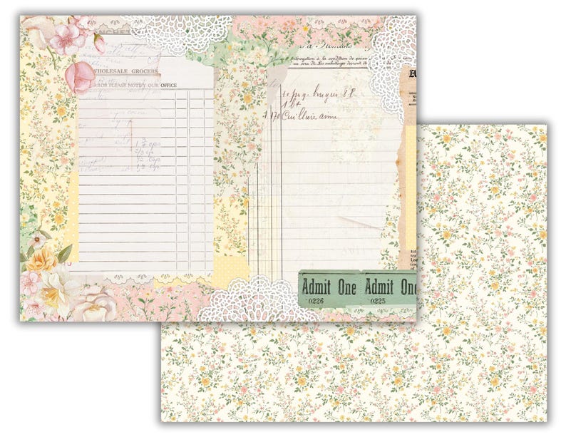May include: A vintage-style scrapbook paper with a floral pattern and a handwritten note that says "Admit One". The paper is in shades of pink, yellow, and green.