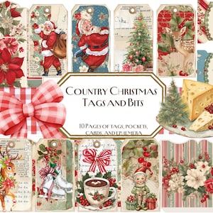 Country Christmas Tags and Bits, Junk Journal, Shabby Chic, Kersttags, Vintage, Cottagecore, DIY, Kaarten, Ephemera, gelinieerd dagboek, tabbladen