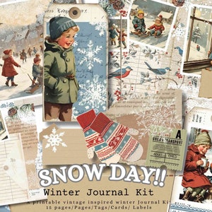 Kit de diario de invierno Snow Day, Invierno, Vintage, Shabby Chic, Cottage Core Winter, Etiquetas, Tarjetas de diario, Diario de invierno imprimible, Digital, BRICOLAJE