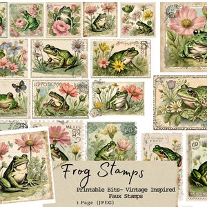Tampons grenouille, faux tampons, vintage, journal intime, journal indésirable, étiquettes, cartes, éphémères, tampon imprimable, printemps, floral, fête des mères, têtard