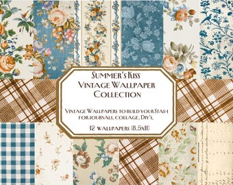 May include: A collection of 12 vintage wallpaper sheets, each with a unique design. Floral patterns in shades of blue, peach, and cream are featured alongside plaid and gingham. The text reads "Summer's Kiss Vintage Wallpaper Collection."