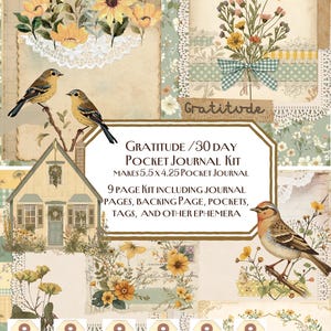 Può includere: Un kit di diario tascabile in stile vintage con illustrazioni di uccelli, fiori e una casa. Il kit include pagine del diario, una pagina di supporto, tasche, etichette e altri elementi effimeri. Il testo recita "Gratitude / 30 Day Pocket Journal Kit".