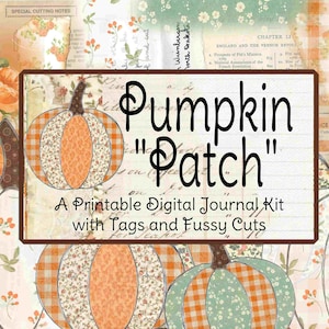 Könnte beinhalten: Ein druckbares digitales Journal-Set mit Etiketten und filigranen Ausschnitten. Das Set zeigt ein Patchwork-Kürbisdesign in den Farben Orange, Weiß und Braun. Der Text "Pumpkin "Patch"" ist in Schwarz geschrieben.